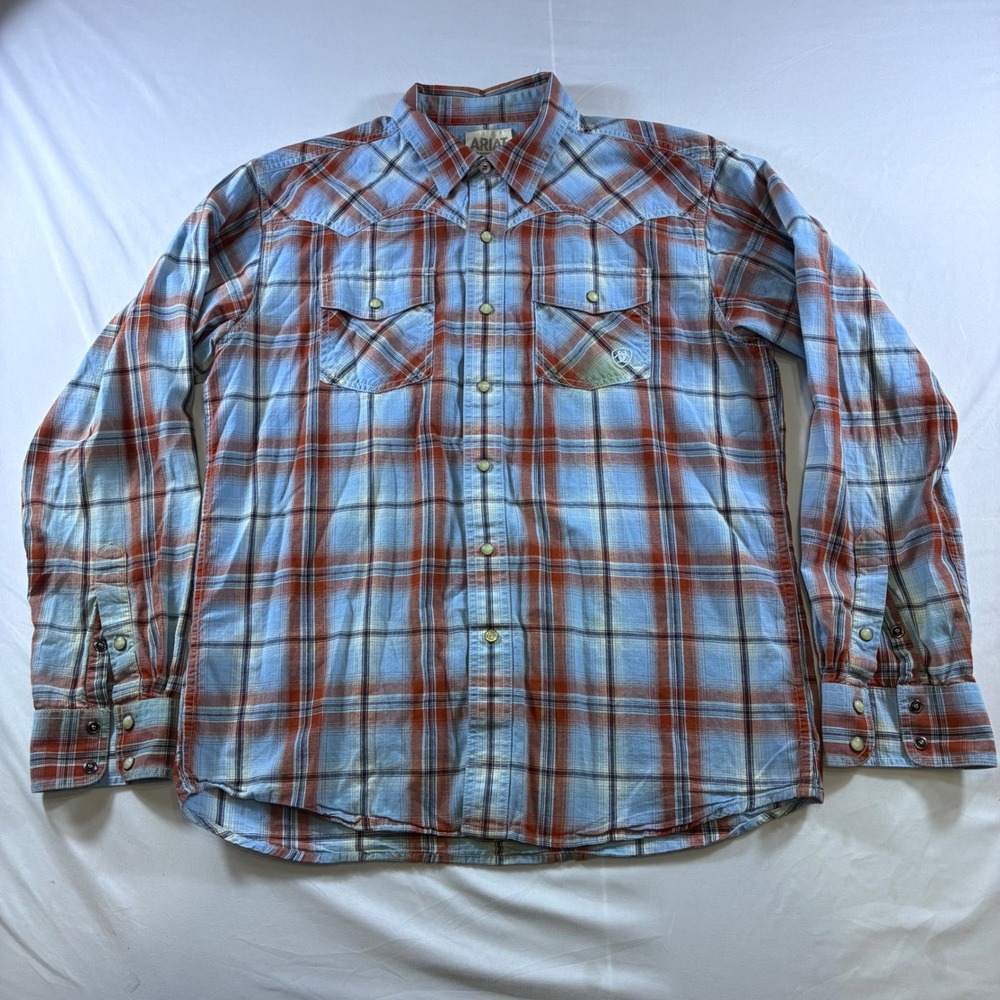Ariat Mens Retro Fit Western Pearl Snap Shirt Blue Orange Plaid Large L Long Slv